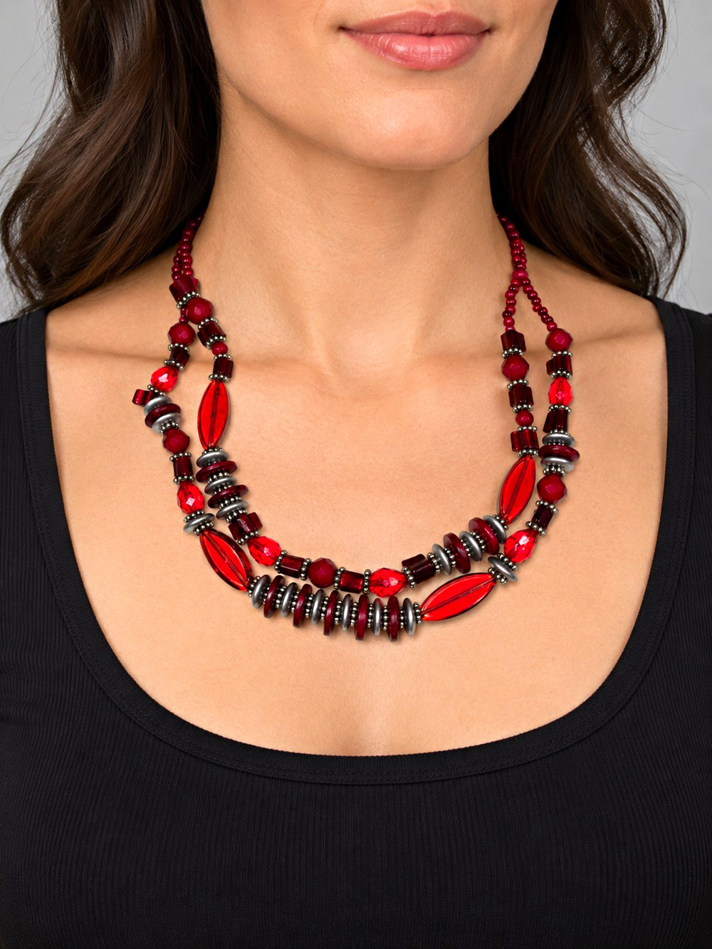 Red Multi-Strand Glass Beaded Statement Necklace Silver Tone Lobster 19"